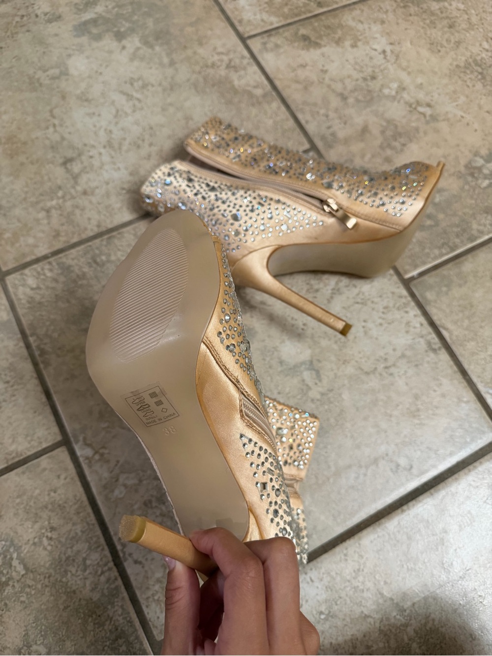 Nude Satin Rhinestone Boot Heels - Picture 3 of 5